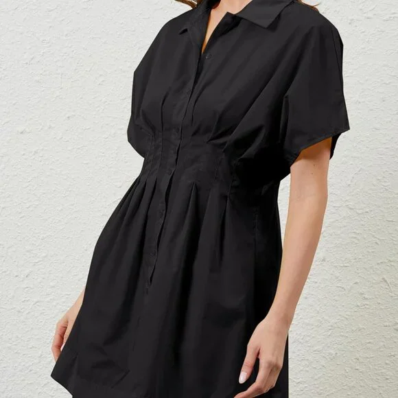 Women’s Cotton Pleated Button-Front Shirt Dress Mini Casual Summer - Picture 6 of 7